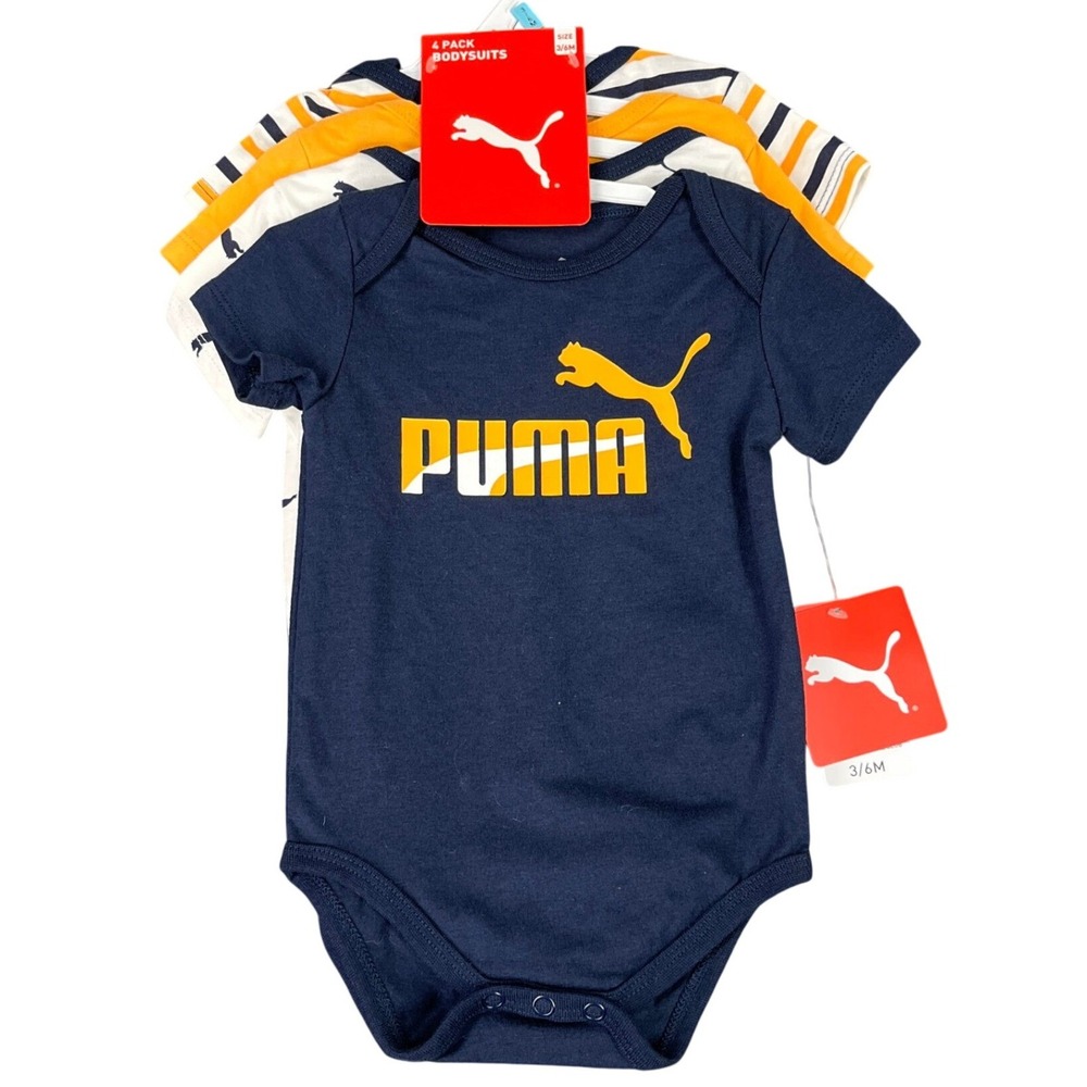 Puma Infant 4 Pack Bodysuits Boy 3/6M Logo Graphic Striped Short Sleeve Playwear